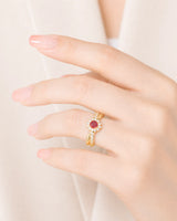 Timeless Ruby and Diamond Halo Ring in 18K Yellow Gold | SARATTI