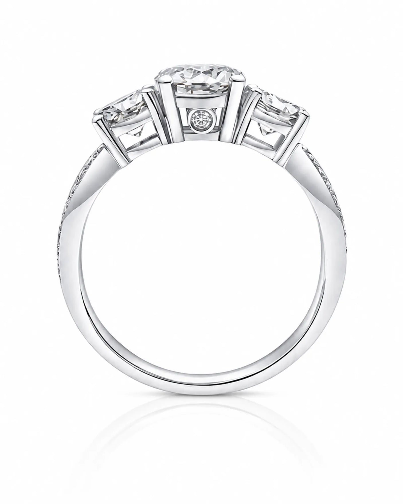 Timeless three-stone platinum moissanite engagement ring created for an enduring proposal | SARATTI