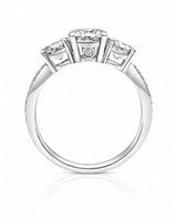 Timeless three-stone platinum moissanite engagement ring created for an enduring proposal | SARATTI