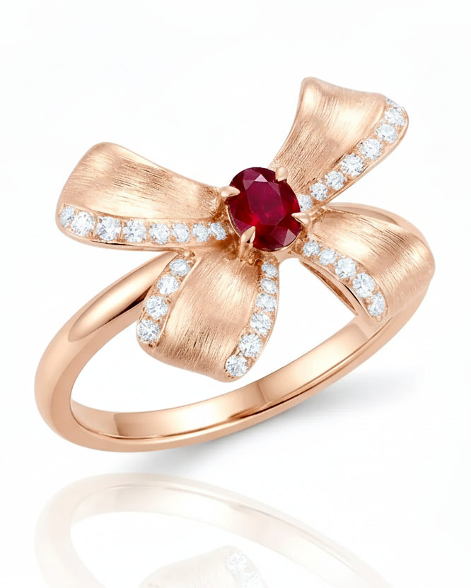 Top view pigeon blood red natural ruby ring with diamond accents rose gold setting | SARATTI