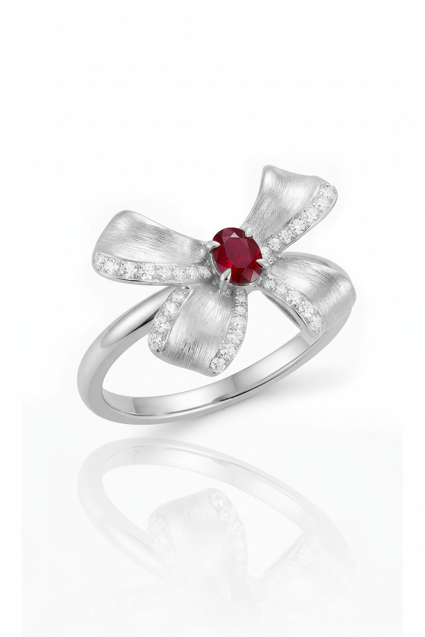 Top view pigeon blood red natural ruby ring with diamond accents white gold setting | SARATTI
