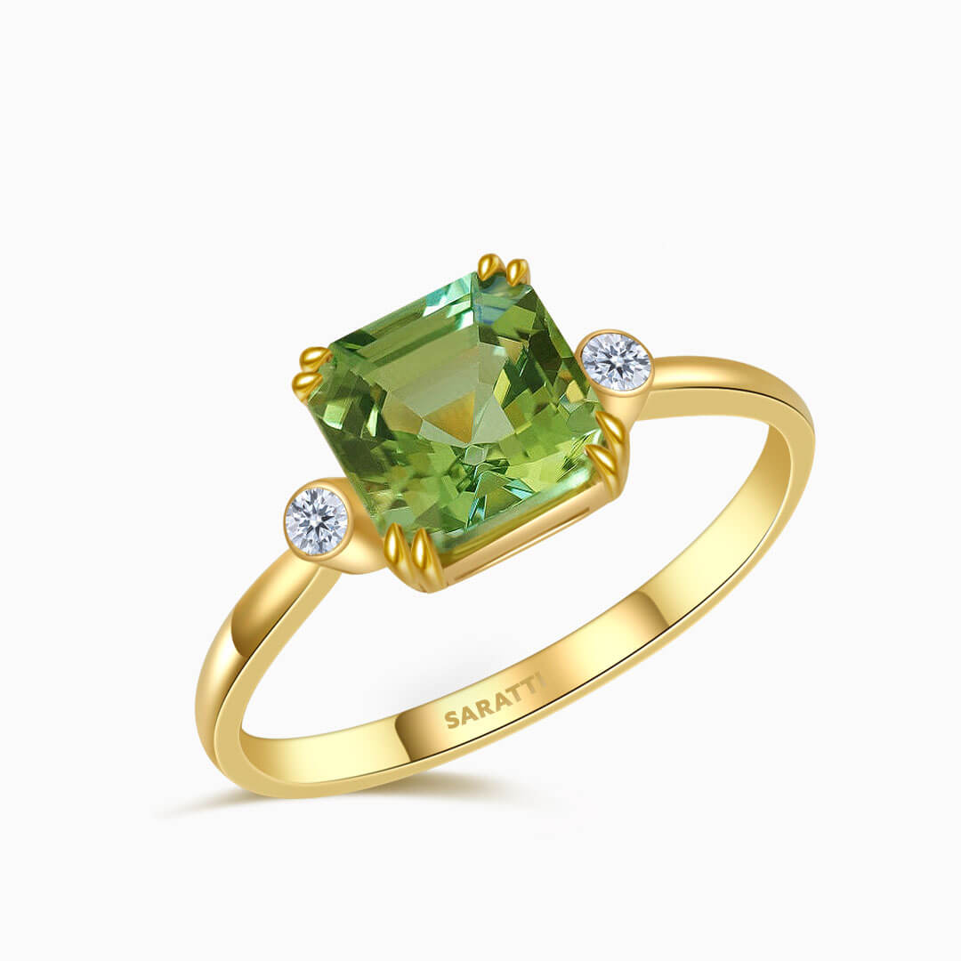 Yellow Gold Escalera Verde Three Stone Tourmaline and Diamond Ring | Saratti Fine Jewelry 