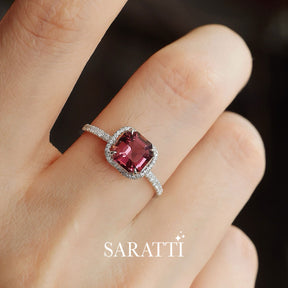 Model wears the White Gold  Regina Rouge Red Tourmaline and Diamond Ring | Saratti Fine Jewelry 