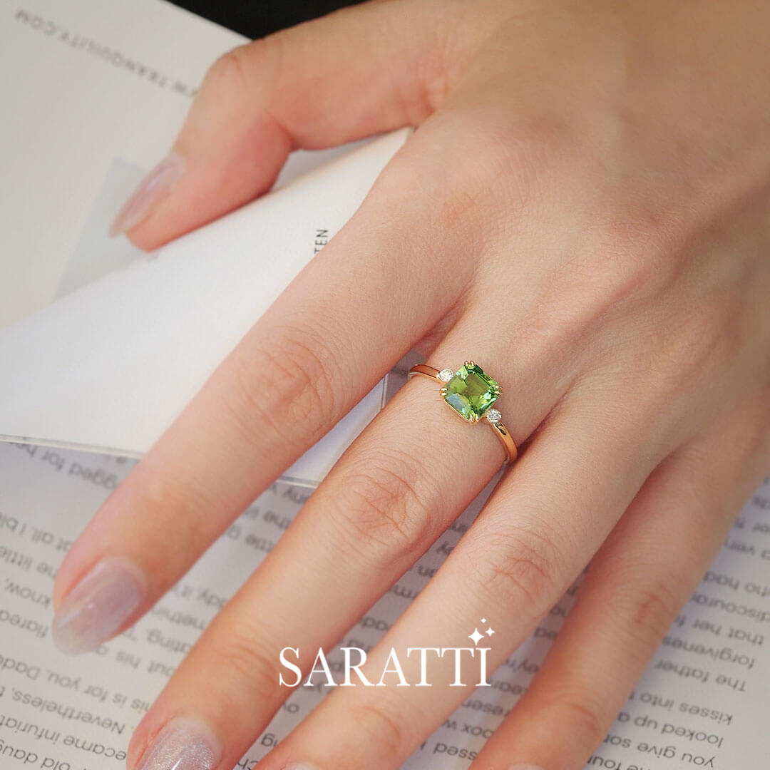  Three Stone Perspective  |  Model wears the Yellow Gold Escalera Verde Three Stone Tourmaline and Diamond Ring | Saratti Fine Jewelry 