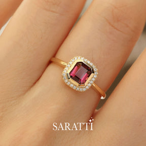 Diamond Halo in Focus | Model wears the Reine Consort Vintage Red Tourmaline Ring | Saratti Fine Jewelry  