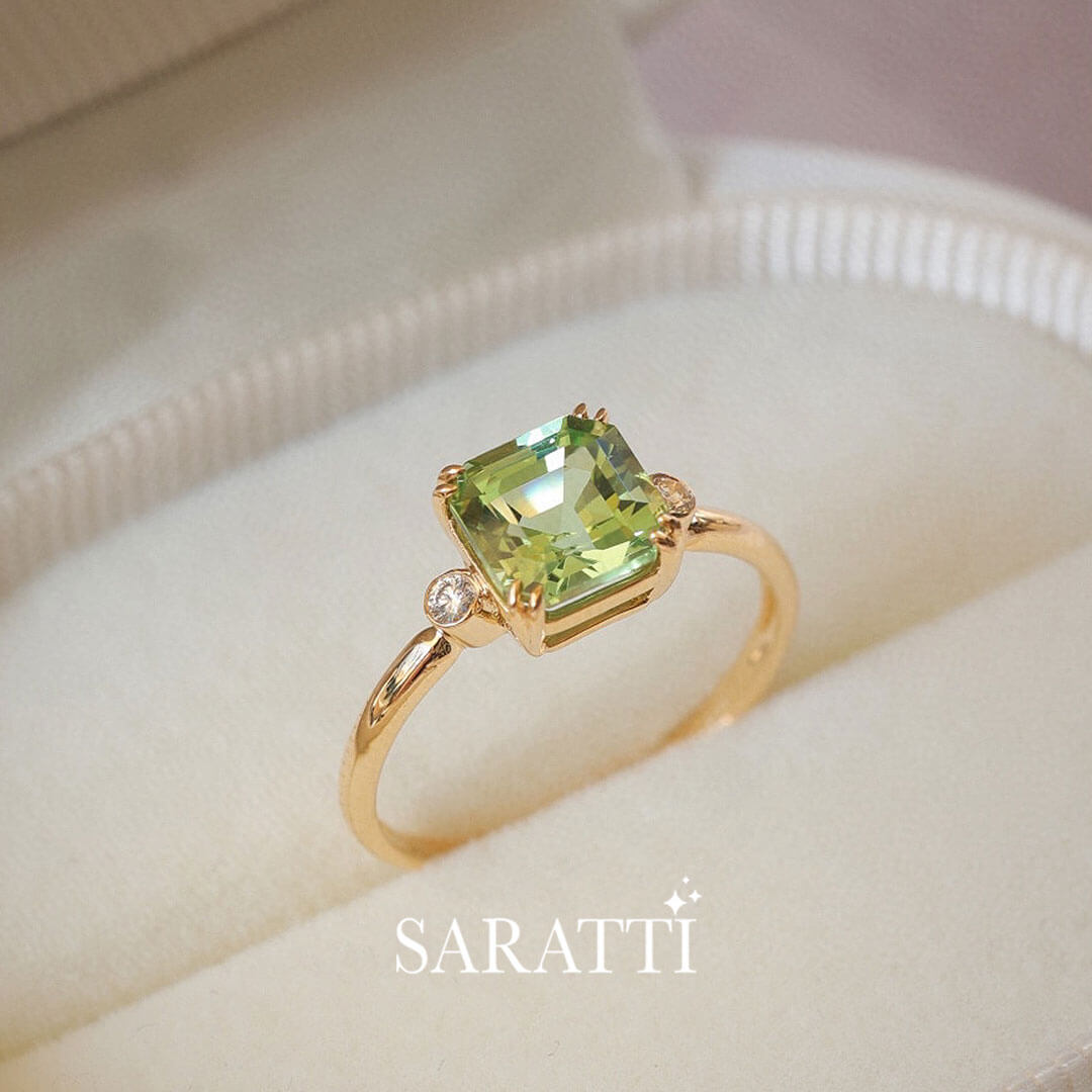 Three Stone Perspective of the Yellow Gold  Escalera Verde Three Stone Tourmaline and Diamond Ring | Saratti Fine Jewelry 
