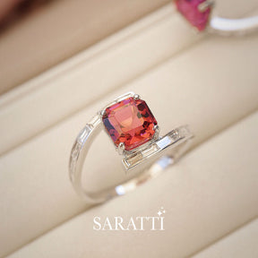 Prong Setting & Floating Ring Combo Design |  Passion Amour Red Tourmaline and Diamond Ring | Saratti Fine Jewelry 
