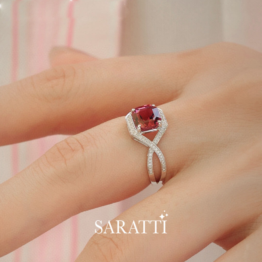 Split Shank White Gold in Focus | Asscher Rose Vintage Pink Tourmaline Ring | Saratti Fine Jewelry  