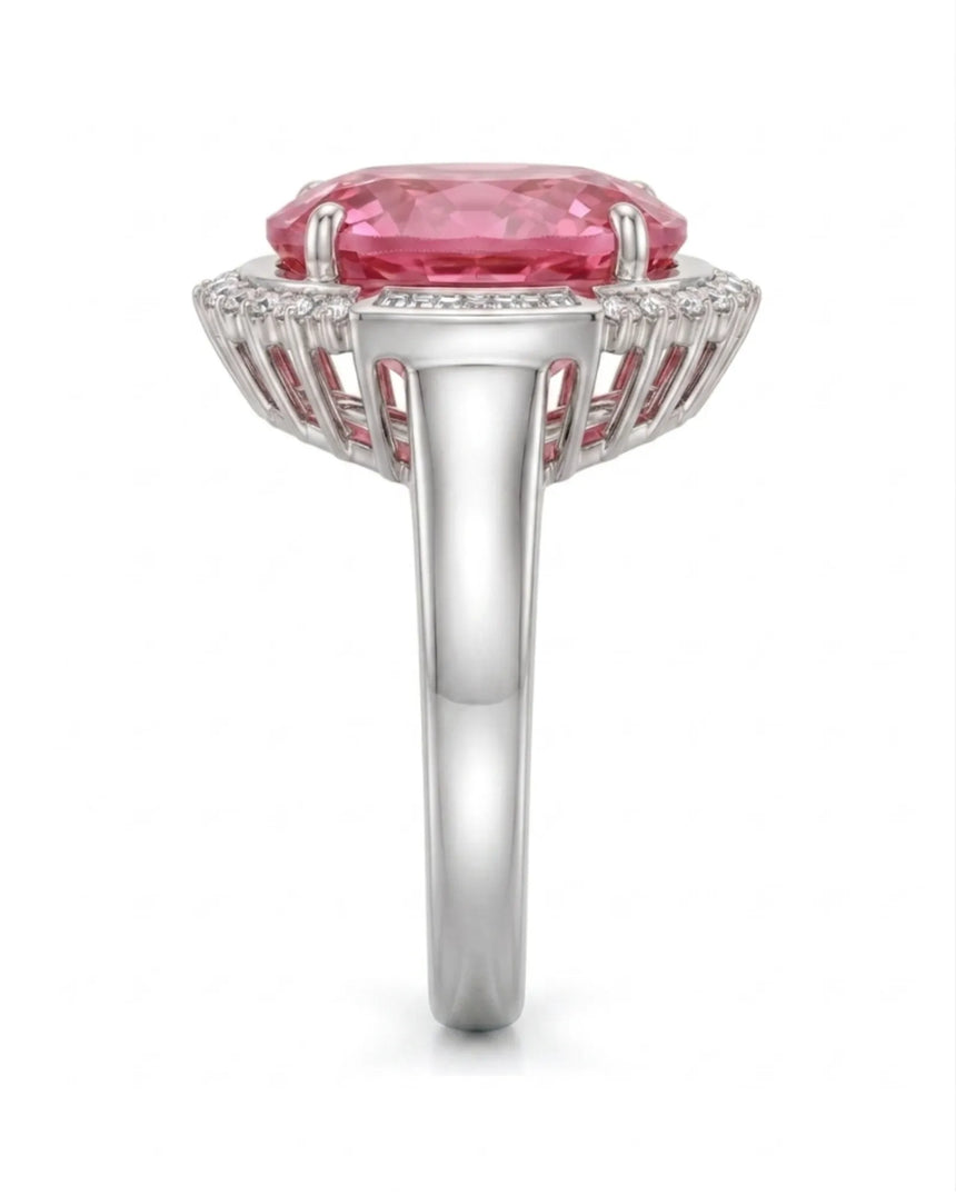 Tourmaline engagement ring with oval pink gemstone and diamonds in 18K white gold | SARATTI