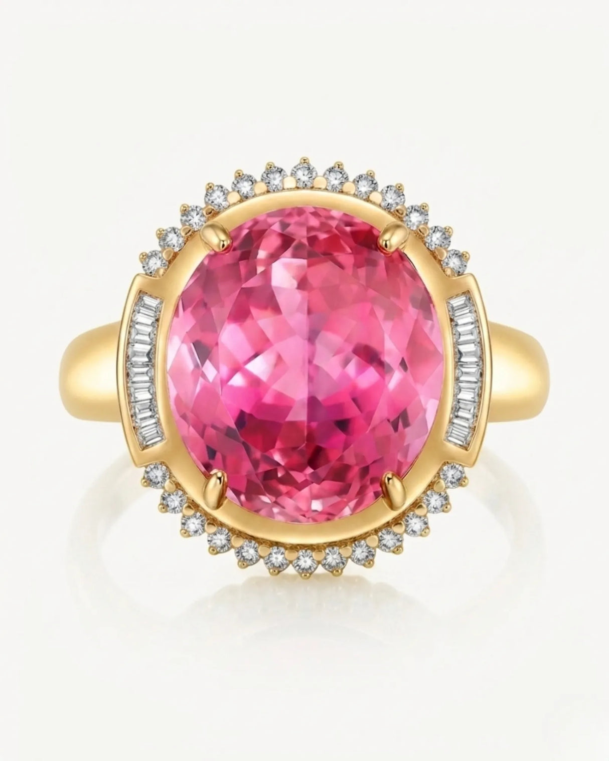 Tourmaline engagement ring with oval pink gemstone and diamonds in 18K yellow gold | SARATTI
