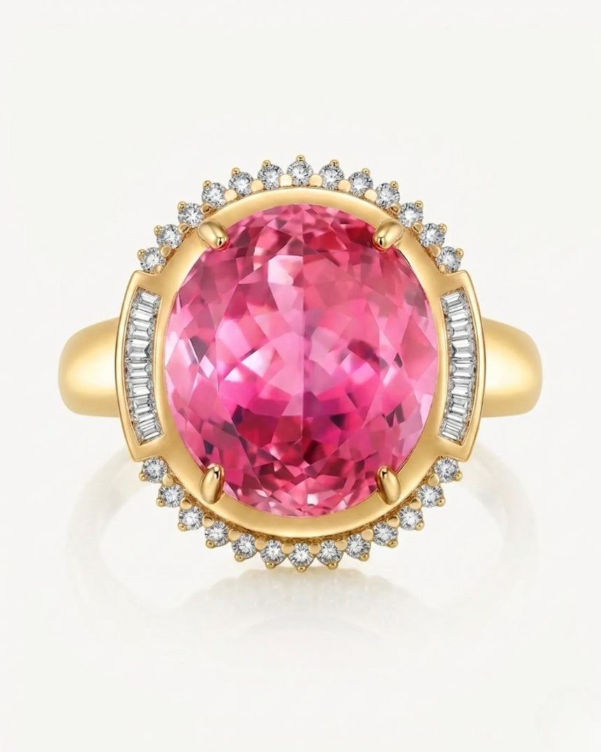 Tourmaline engagement ring with oval pink gemstone and diamonds in 18K yellow gold | SARATTI