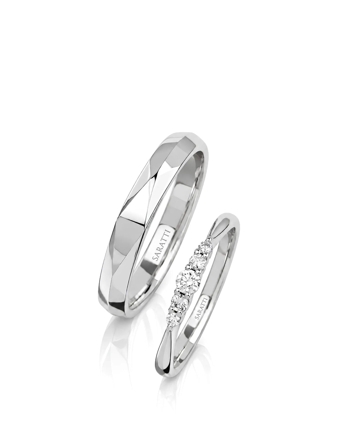 Tranquil Brilliance wedding set with elegant matching bands in refined polished platinum | SARATTI