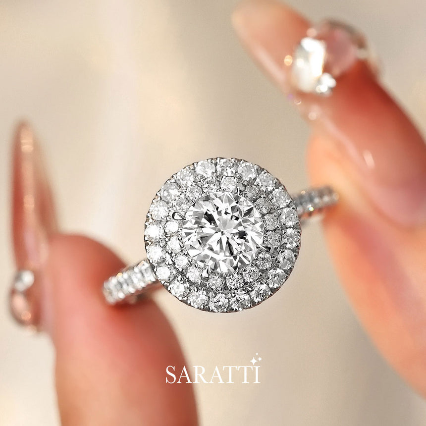 Triple Halo Diamond Engagement Ring in 18K White Gold | Saratti Jewelry