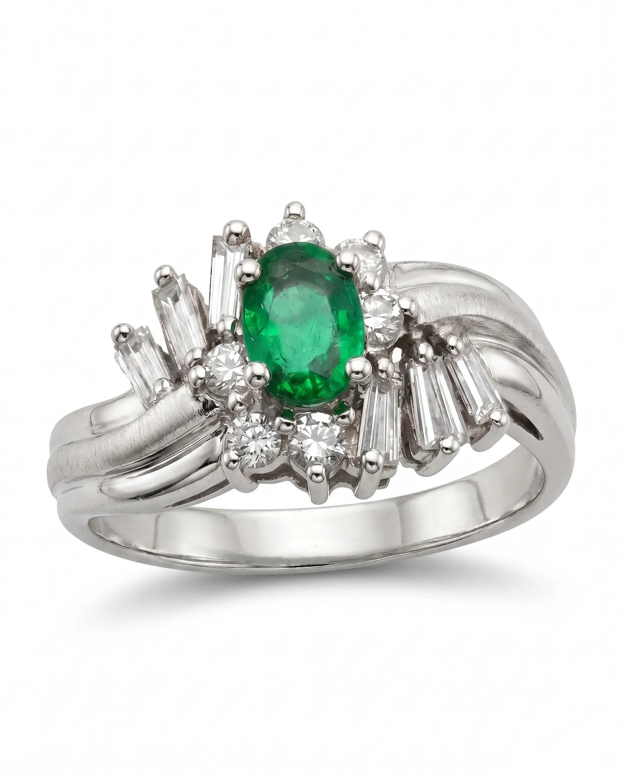 Triple Arc natural emerald and diamond ring in 18K white gold | SARATTI