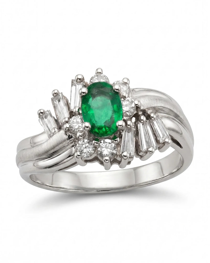Triple Arc natural emerald and diamond ring in 18K white gold | SARATTI
