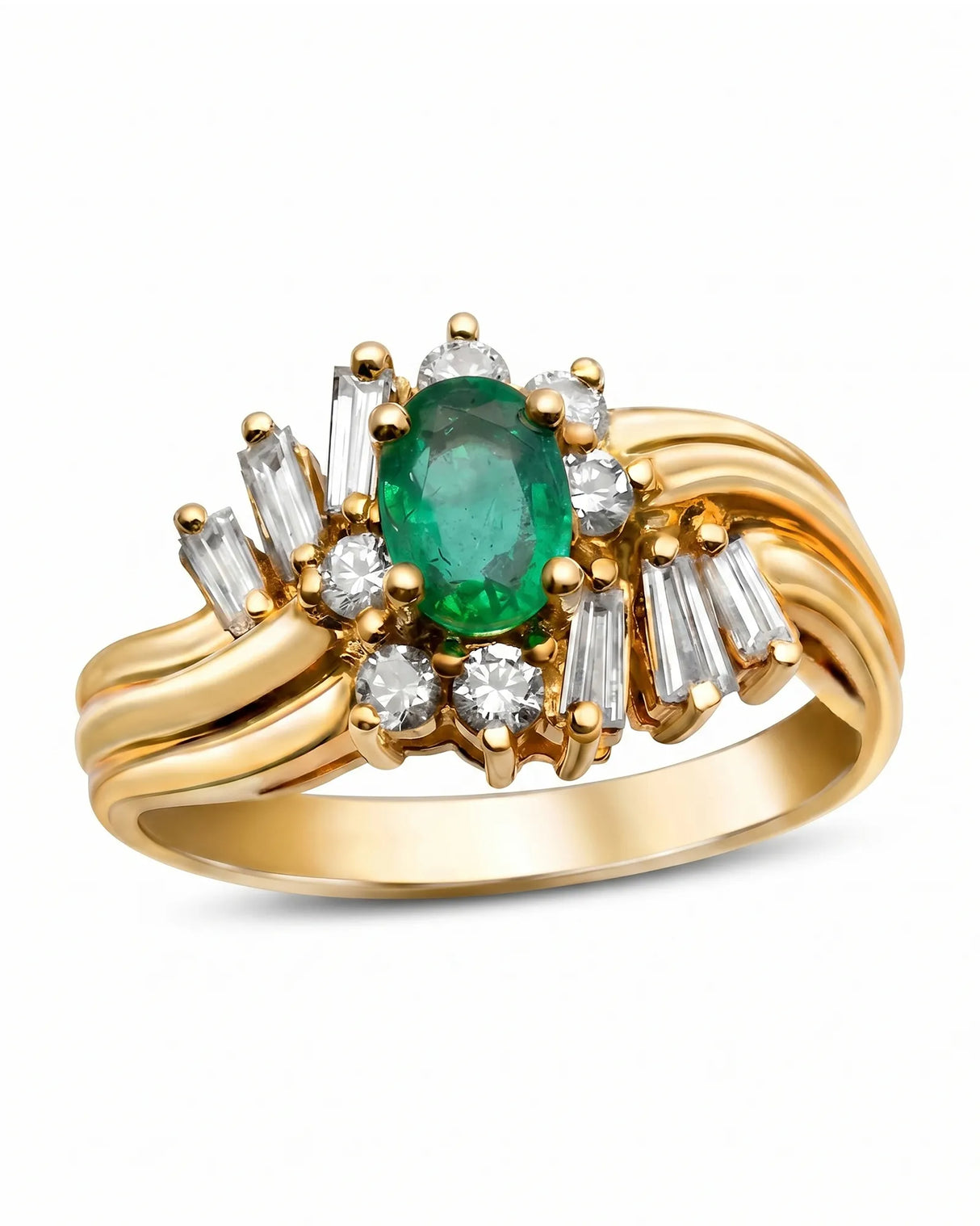 Triple Arc natural emerald and diamond ring in 18K yellow gold | SARATTI
