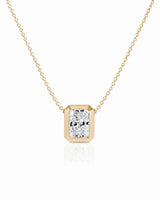 SOLARA Bezel-Set Radiant Cut solitaire necklace setting in yellow gold, front view | SARATTI