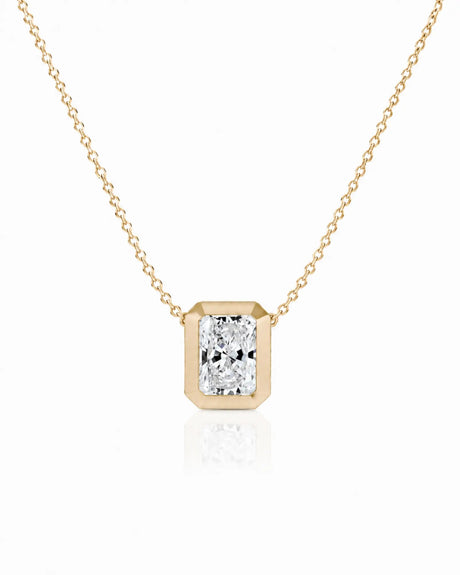 SOLARA Bezel-Set Radiant Cut solitaire necklace setting in yellow gold, front view | SARATTI