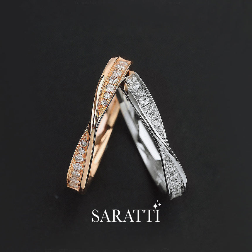 White and Rose Gold Twisted Shank Diamond Eternity Bands Side by Side | Saratti 