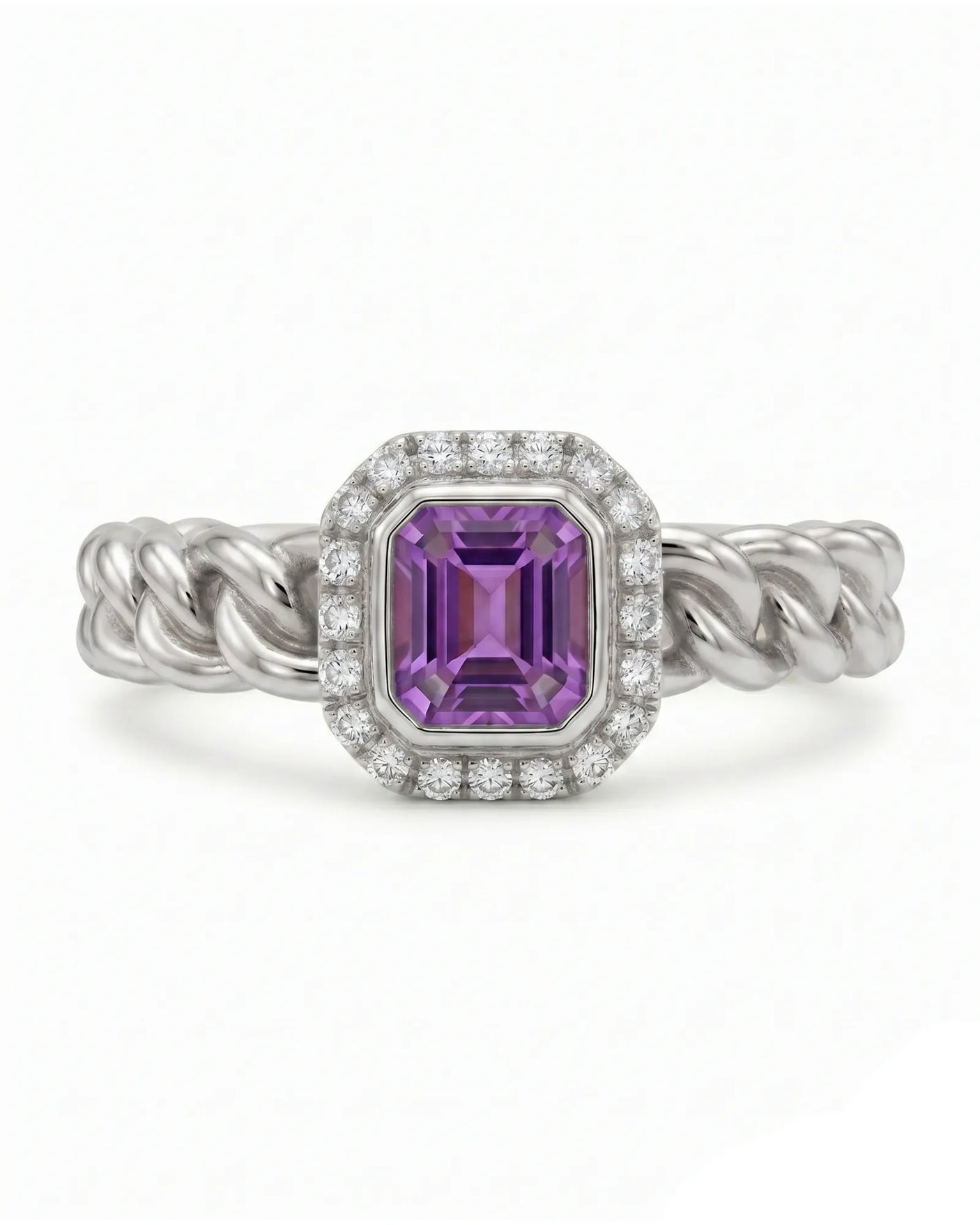 Twisted shank purple sapphire ring with diamond halo in 18K White Gold | SARATTI