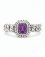 Twisted shank purple sapphire ring with diamond halo in 18K White Gold | SARATTI