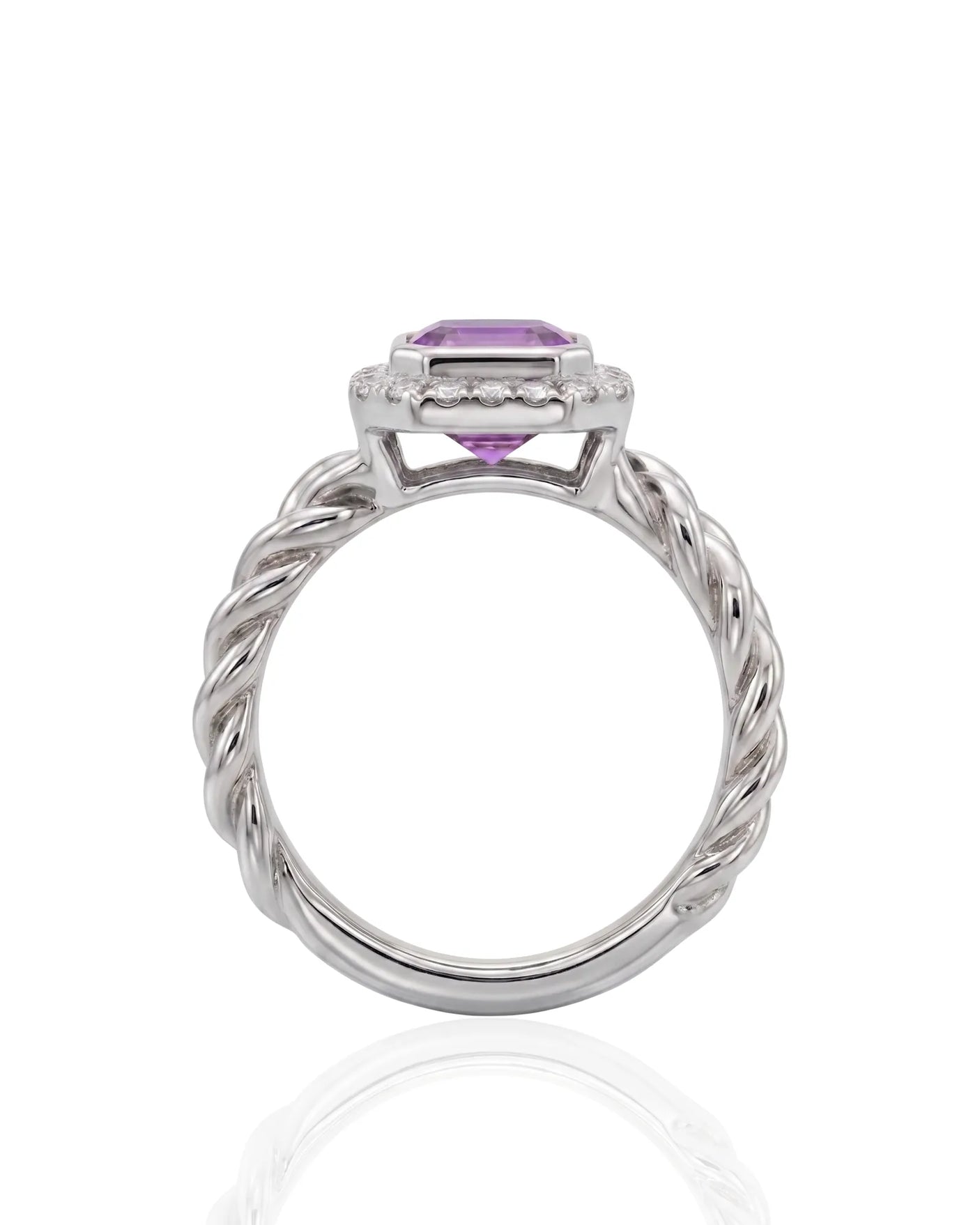 Twisted shank purple sapphire ring with diamond halo in Platinum | SARATTI