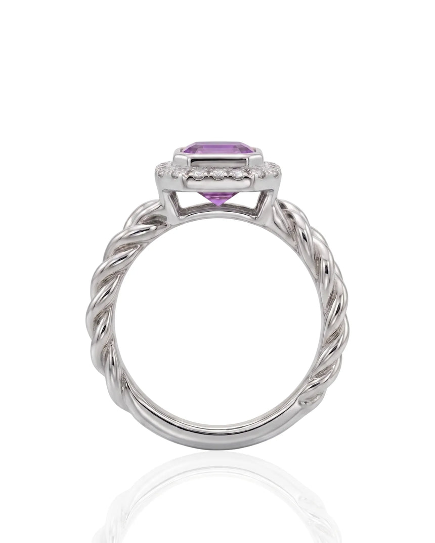 Twisted shank purple sapphire ring with diamond halo in Platinum | SARATTI