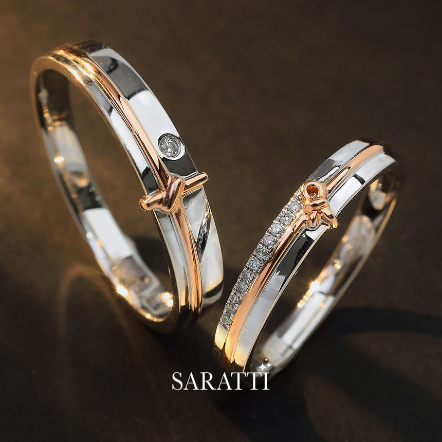 18K White and Rose Gold Natural Diamond Bezel Set Wedding Rings | Saratti