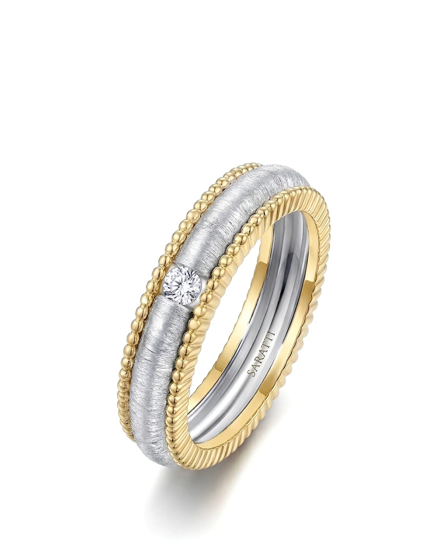 Two-tone diamond wedding band with round natural diamond in textured 18K yellow and white gold | SARATTI
