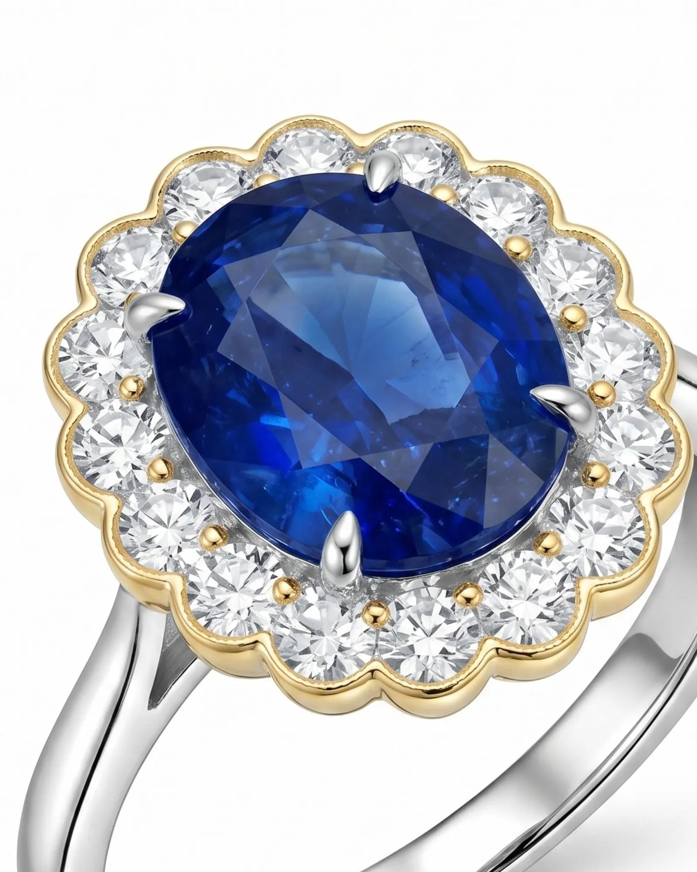 Two-tone floral sapphire ring with scalloped diamond halo -- SARATTI.