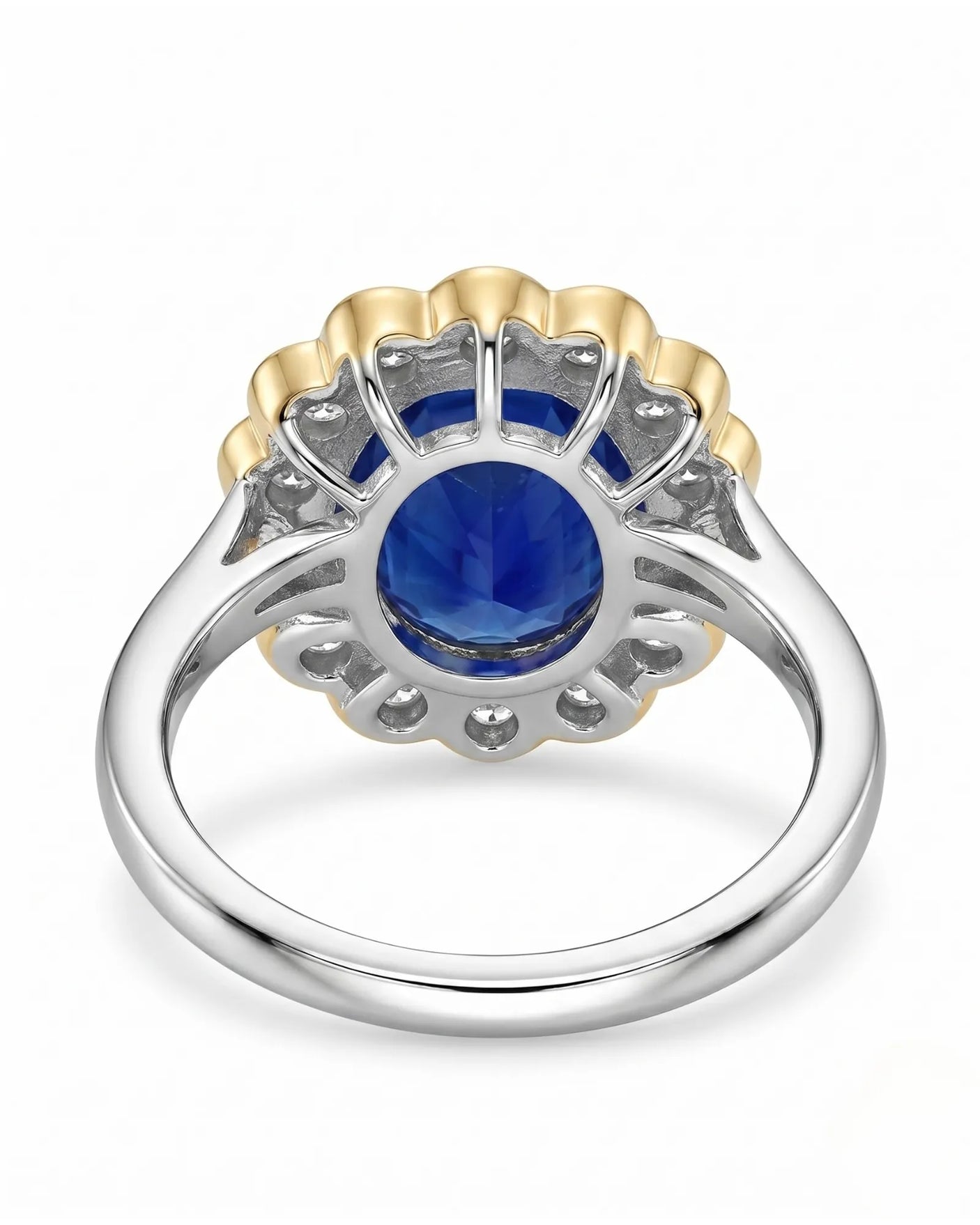 Two-tone floral sapphire ring with scalloped diamond halo -- SARATTI