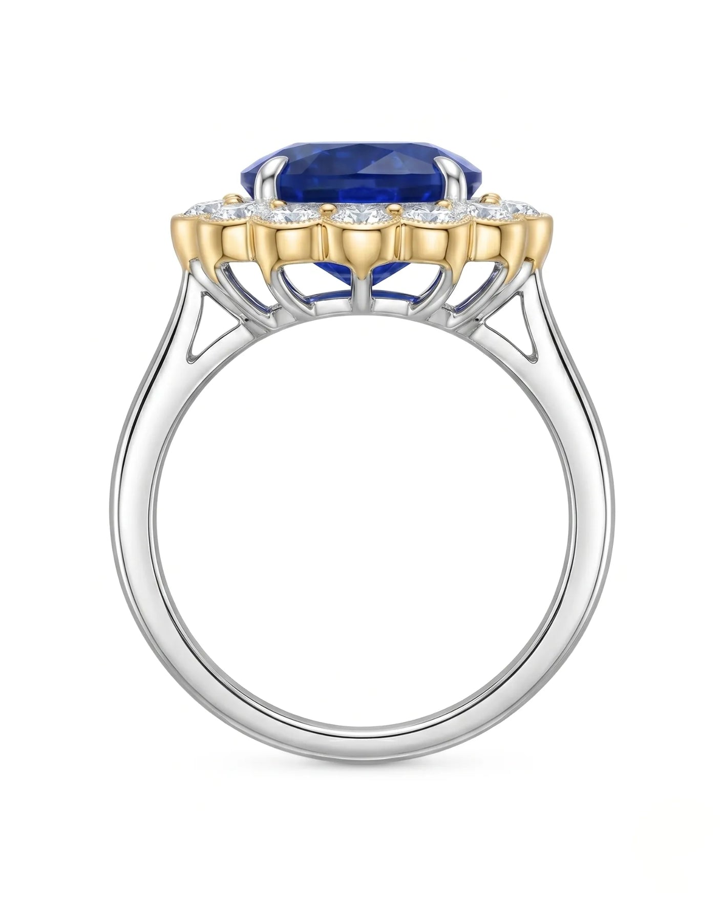 Two-tone floral sapphire ring with scalloped diamond halo - SARATTI
