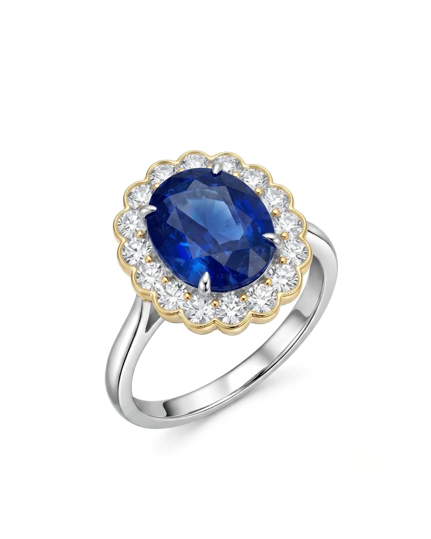 Two-tone floral sapphire ring with scalloped diamond halo | SARATTI
