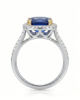 Two-tone sapphire ring with yellow gold prongs and diamond halo - SARATTI.