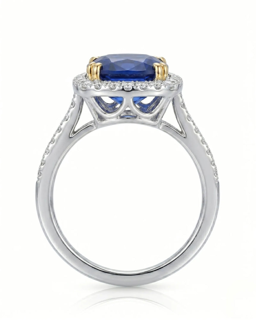 Two-tone sapphire ring with yellow gold prongs and diamond halo - SARATTI.