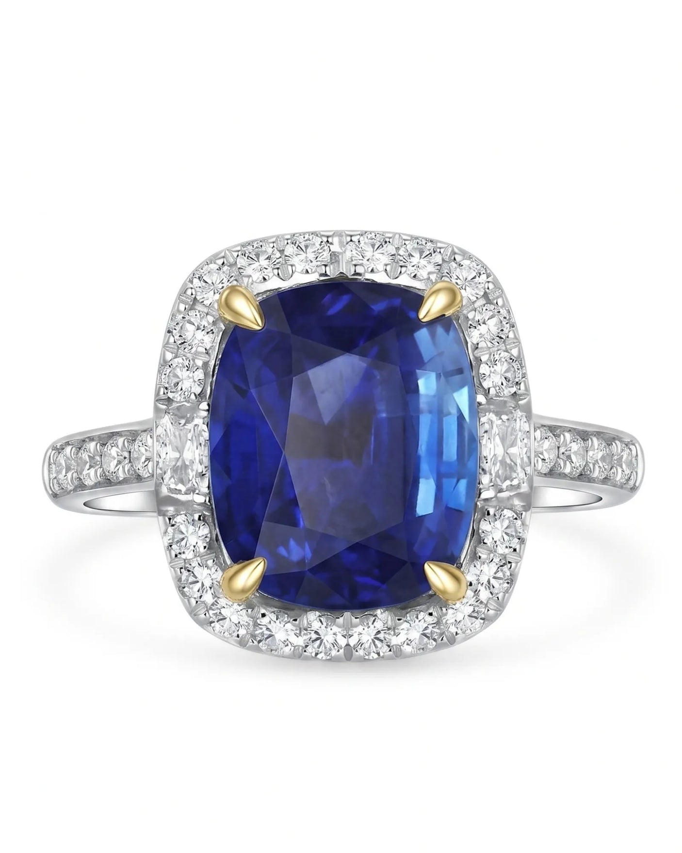 Two-tone sapphire ring with yellow gold prongs and diamond halo in 18K white gold - SARATTI