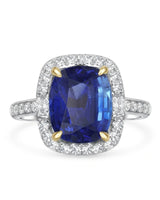 Two-tone sapphire ring with yellow gold prongs and diamond halo in 18K white gold - SARATTI