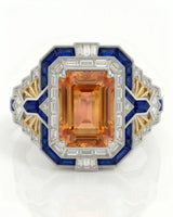 Two tone emerald cut Topaz setting with sapphire and diamond Art Deco detail | SARATTI