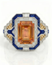 Two tone emerald cut Topaz setting with sapphire and diamond Art Deco detail | SARATTI