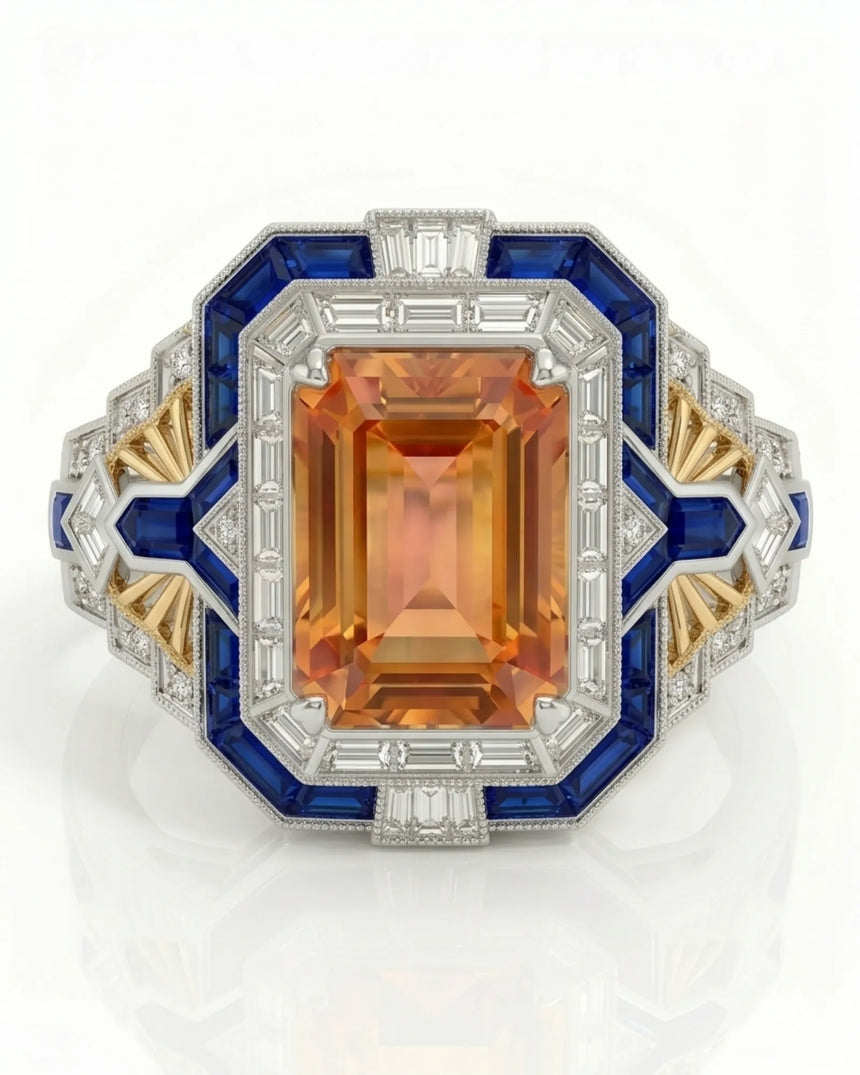 Two tone emerald cut Topaz setting with sapphire and diamond Art Deco detail | SARATTI