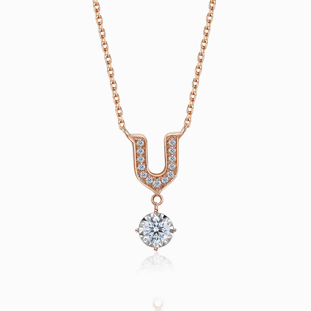 U Shaped Golden Round Diamond Necklace - Christmas Jewelry - Ready to Ship Rose Gold Christmas Pendant Selection | Saratti