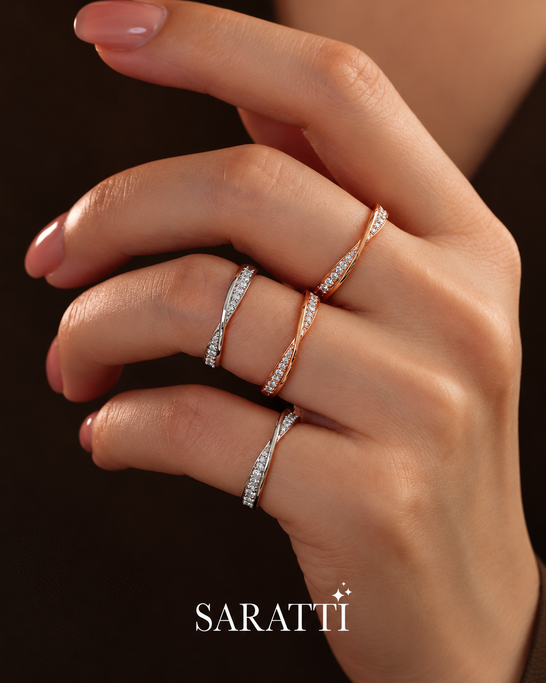 Twisted Shank Natural Diamond Eternity Wedding Band in 18K White Gold on model | SARATTI