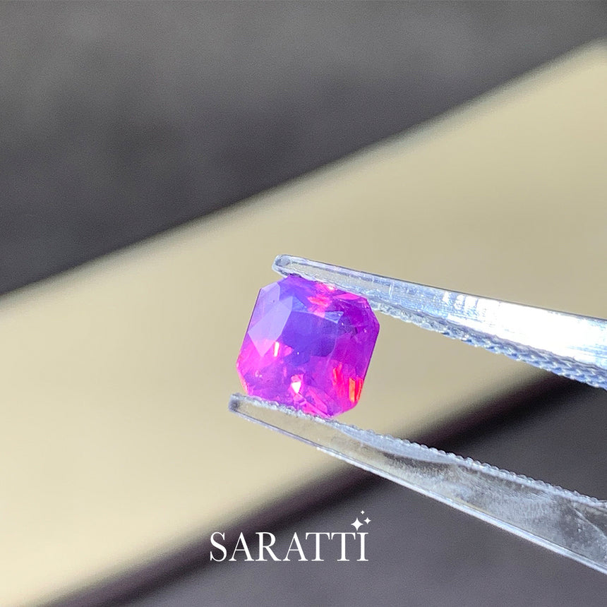 Unheated Natural purple sapphire radiant cut loose gemstone top view | SARATTI  