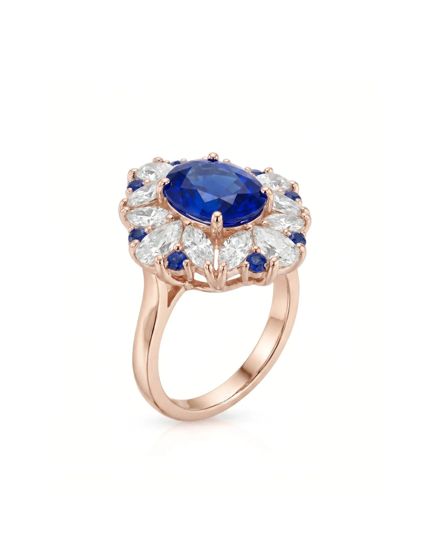 Unheated blue sapphire cocktail ring with diamond floral halo in 18K rose gold | SARATTI