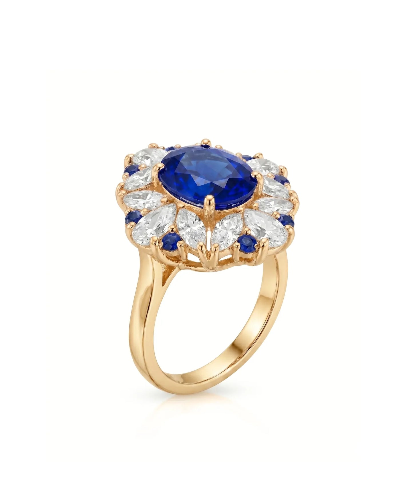 Unheated blue sapphire cocktail ring with diamond floral halo in 18K yellow gold | SARATTI