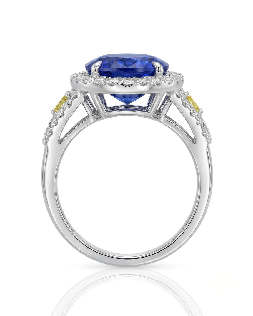 Unheated oval blue sapphire ring with colorless diamonds and yellow diamonds in 18K white gold - SARATTI
