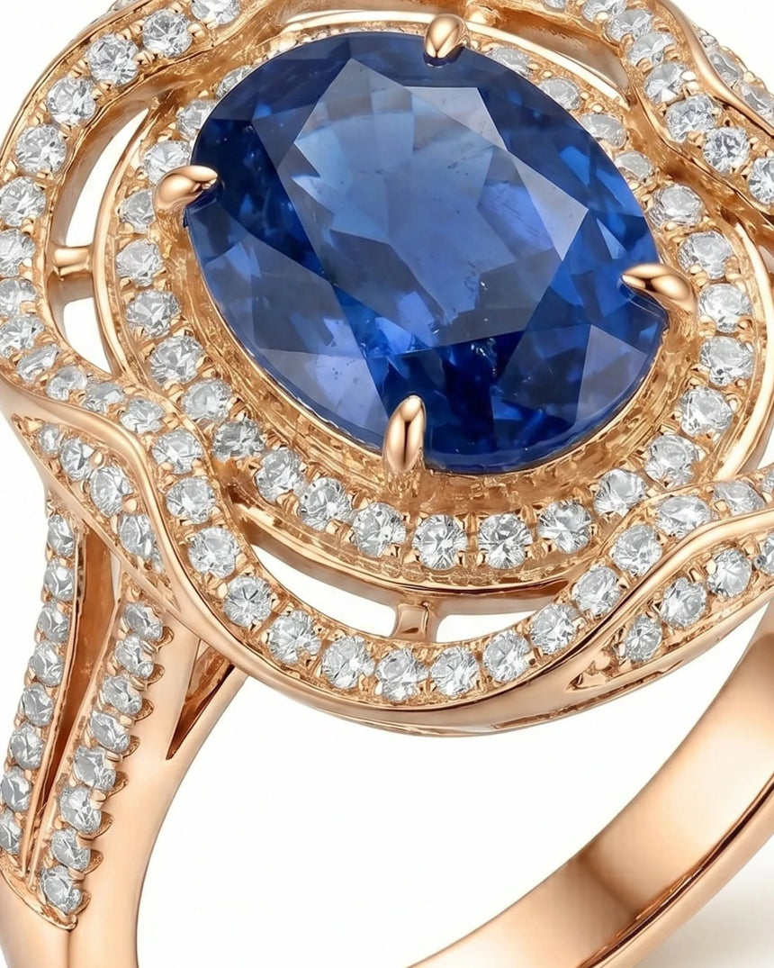 Unheated oval sapphire ring framed by luminous diamonds in 18K rose gold | SARATTI