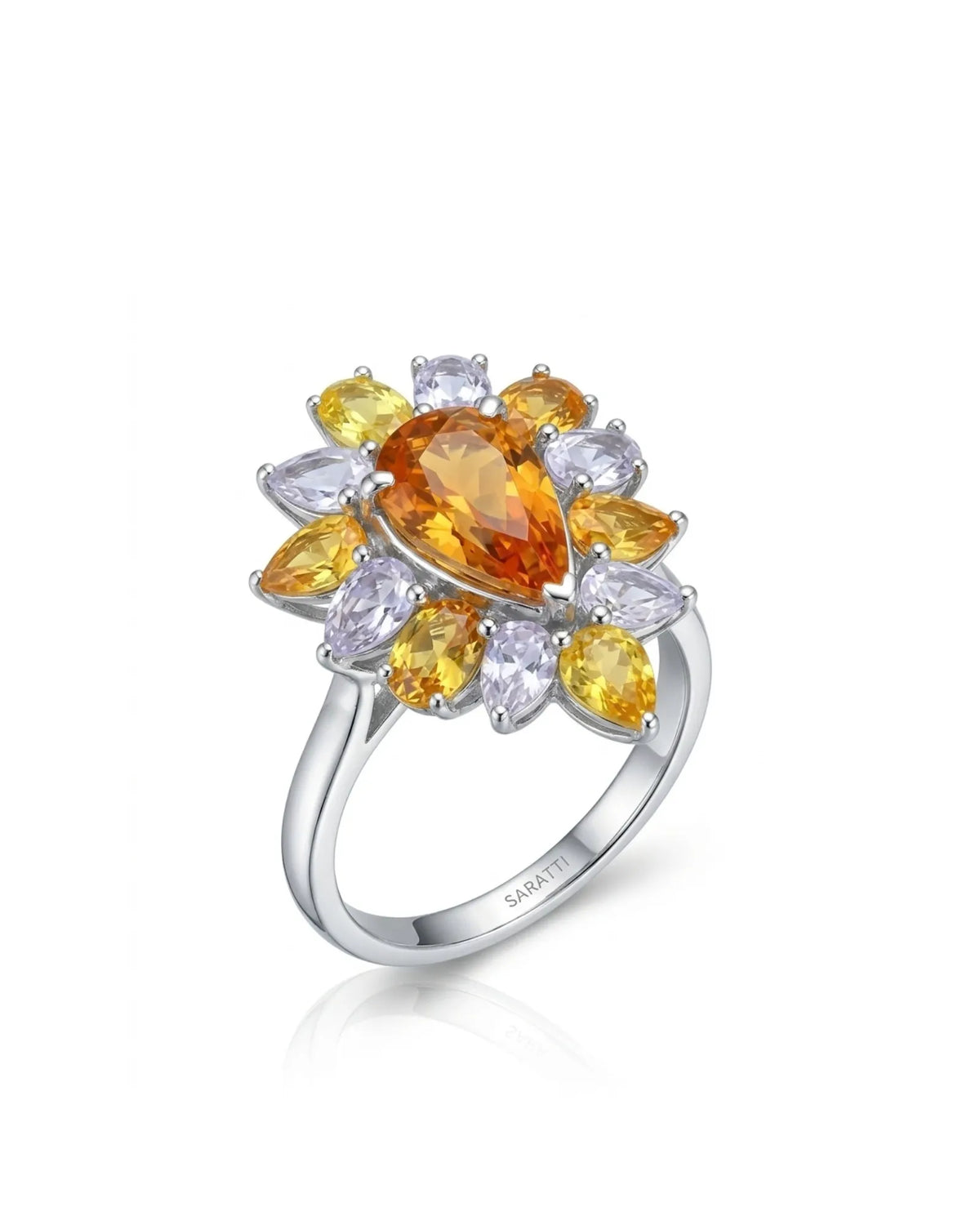 Unheated pear yellow sapphire floral cocktail ring with multicolour sapphire petals in PT900 platinum | SARATTI