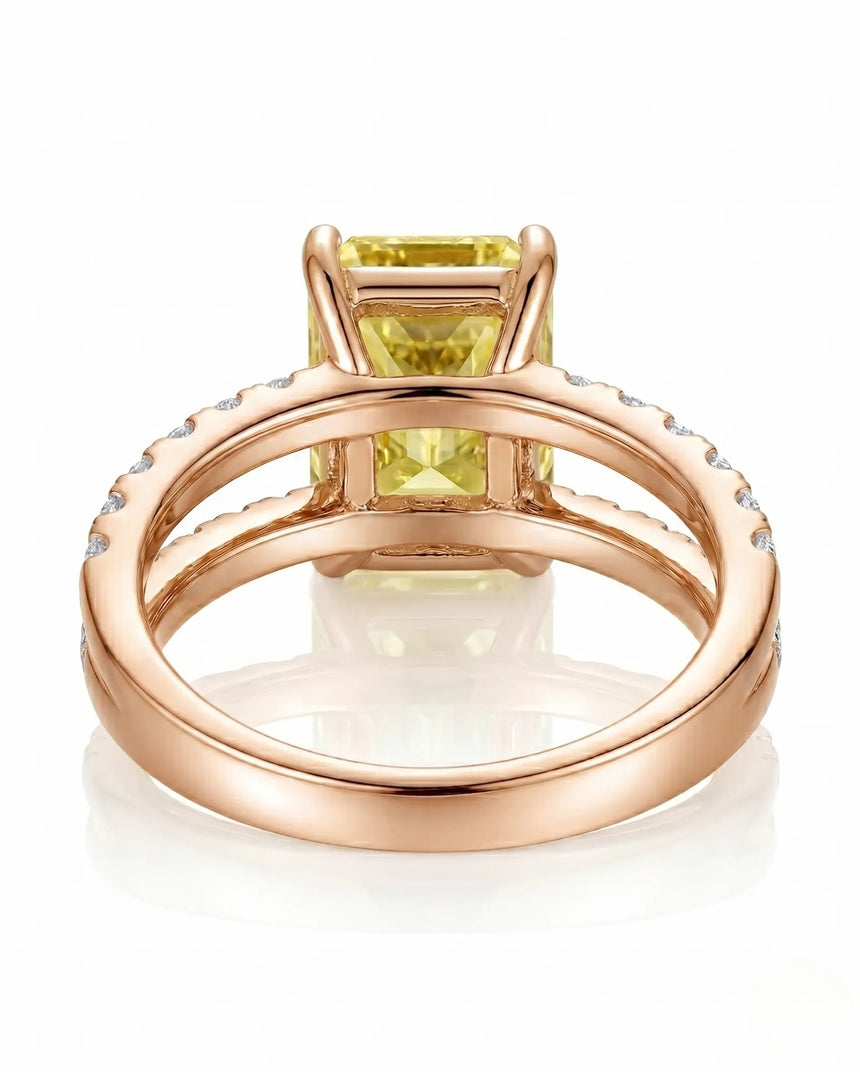 Unheated radiant yellow sapphire ring framed by luminous diamonds in 18K rose gold | SARATTI