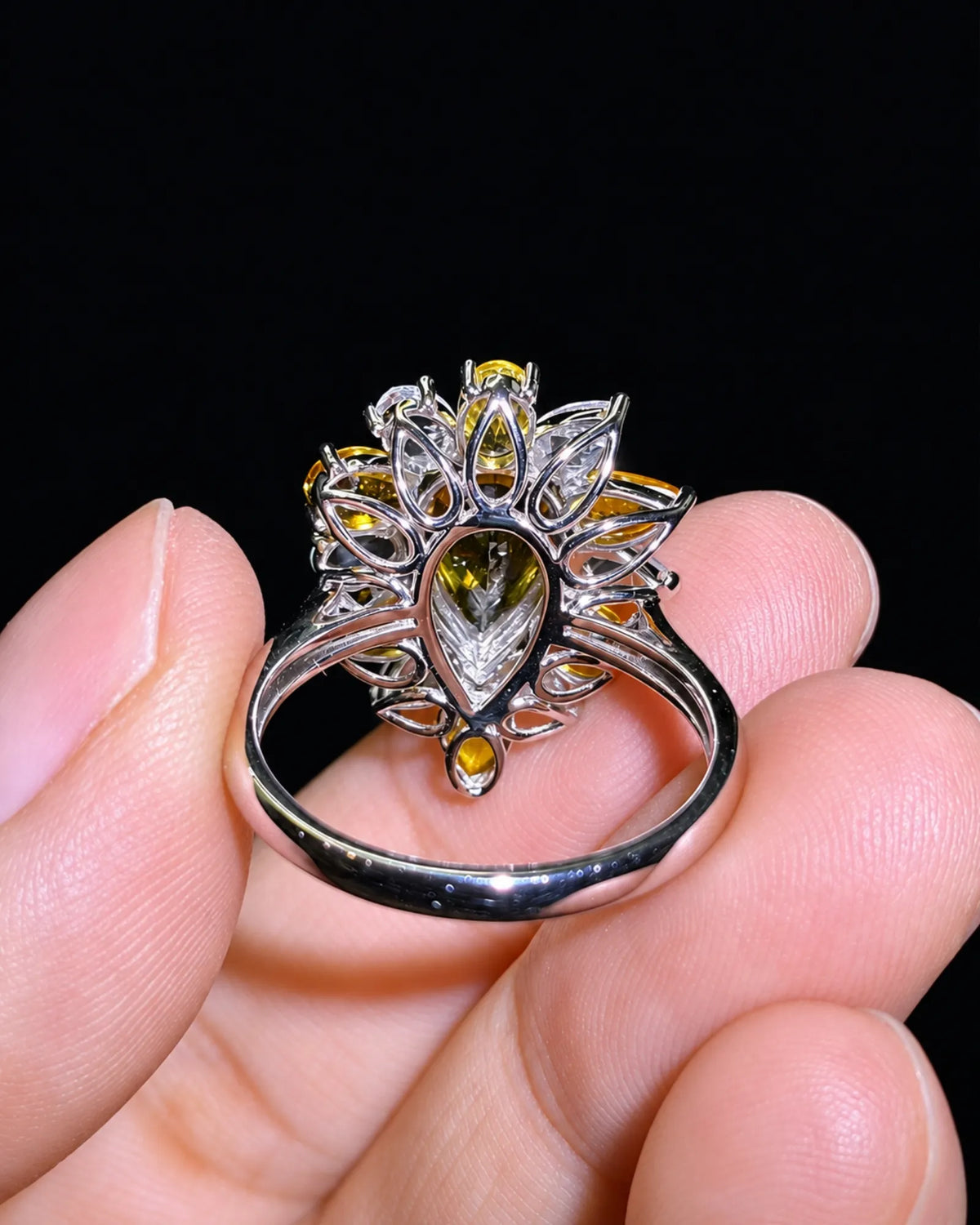 Unheated yellow sapphire floral cocktail ring in platinum - SARATTI